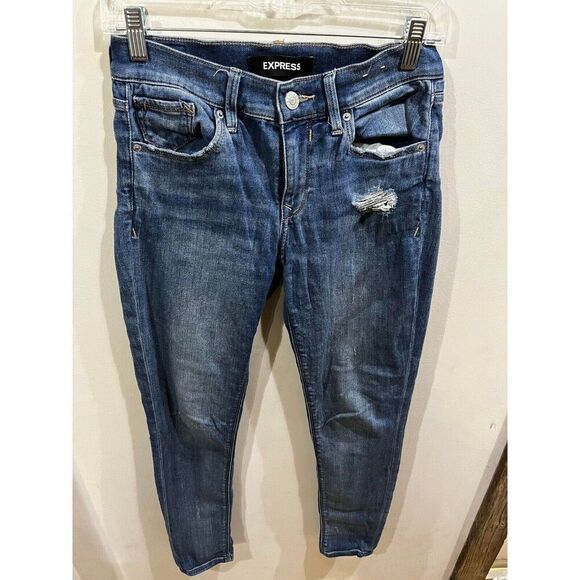 Express Women's Jeans Size 2 R Blue Mid Rise Stretch Legging Distressed - Picture 1 of 11